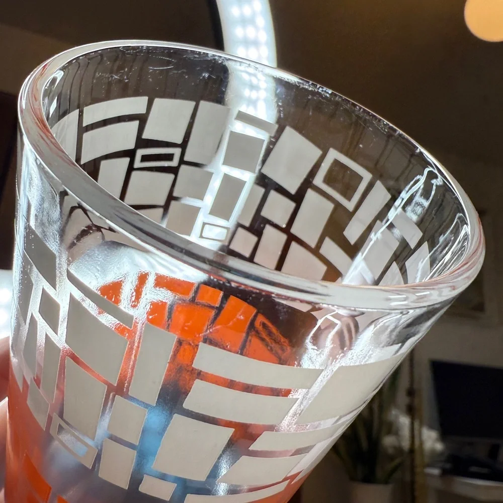 Vintage Mid Century Abstract Shapes Orange Blue White Tumbler Drinking Glass